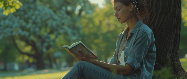 Young woman reading peacefully under a tree in a sunny park, representing calm and reflection.