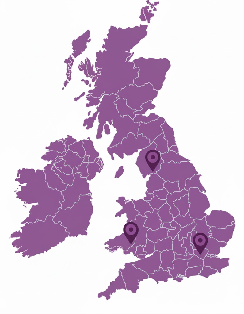 unnamed map of the united kingdom, coloured purple with location markers